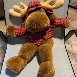 Brown Plush Moose Stuffed Animal. Red & Navy Plaid Shirt and Cap. So Cute.